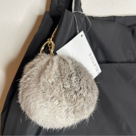 Fabletics Favorite Tote Black Polyester Gray Poof Purse Charm NWT - Picture 3 of 8